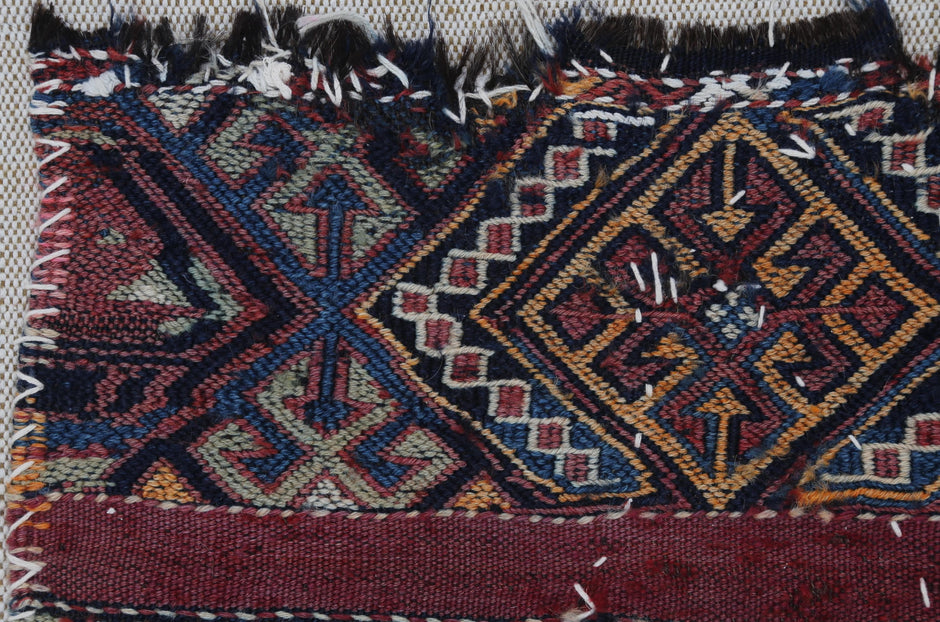 4x2 Handmade Wool Tapestry Rug, Tribal Textile Wall Hanging, Blue Red Fiber Art Decor