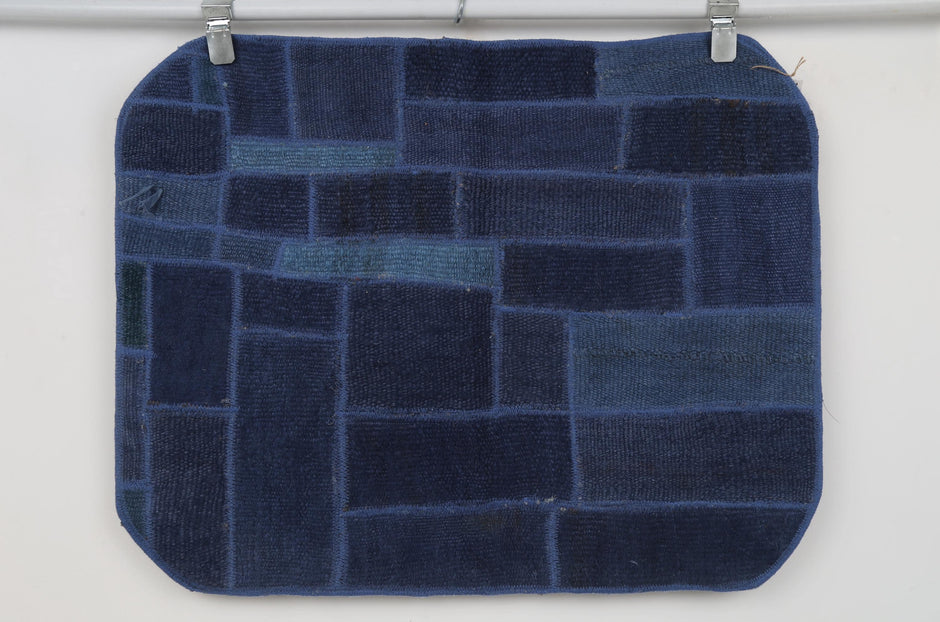 2x3 Vintage Turkish Hemp Patchwork Tapestry Rug, Blue Textile Wall Hanging, Woven Fiber Wall Art
