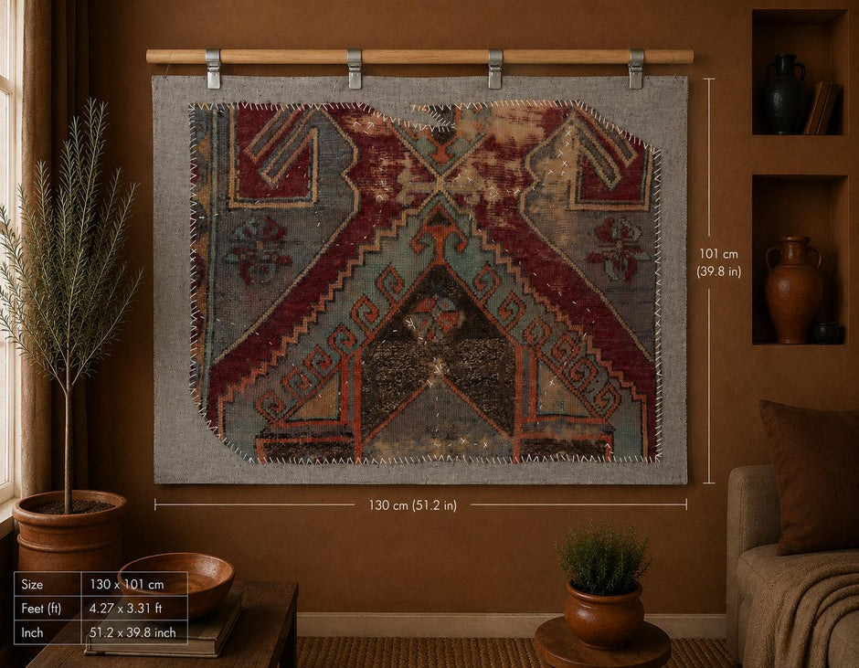 3x4 Vintage Turkish Tapestry Rug, Faded Red Blue Geometric Wool Textile, Woven Wall Art