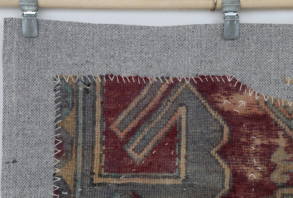 3x4 Vintage Turkish Tapestry Rug, Faded Red Blue Geometric Wool Textile, Woven Wall Art