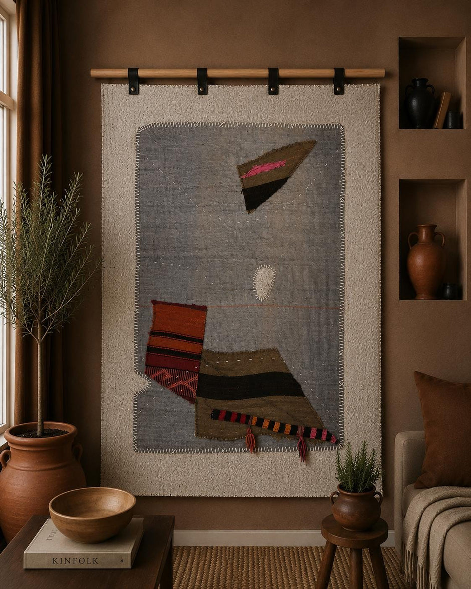 3x4 Vintage Turkish Tapestry Rug, Gray Abstract Hemp Wool Textile, Minimalist Woven Wall Art