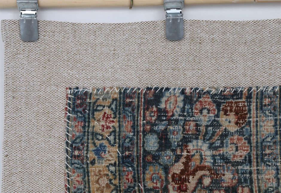 3x4 Vintage Turkish Tapestry Rug, Blue Beige Floral Wool Textile, Distressed Woven Wall Art