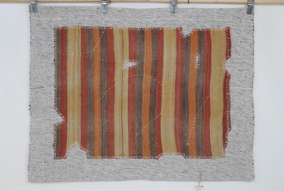 3x4 Vintage Turkish Tapestry Rug, Striped Wool Textile Wall Art, Rustic Woven Wall Hanging