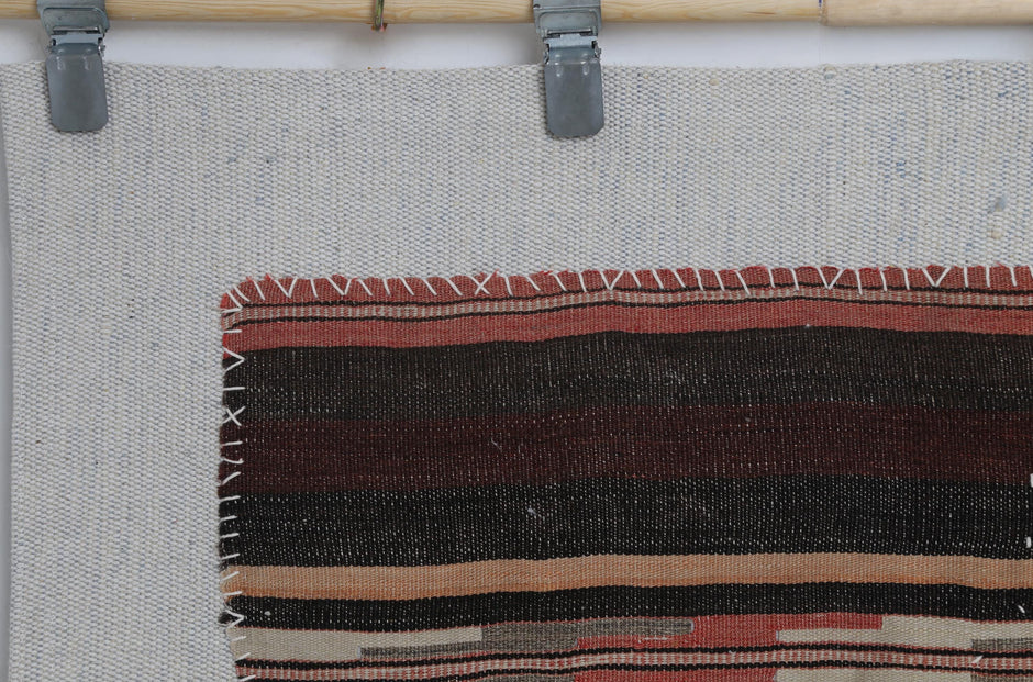 3x4 Vintage Turkish Tapestry Rug, Dark Brown Burgundy Striped Wool Cotton Textile, Woven Wall Art