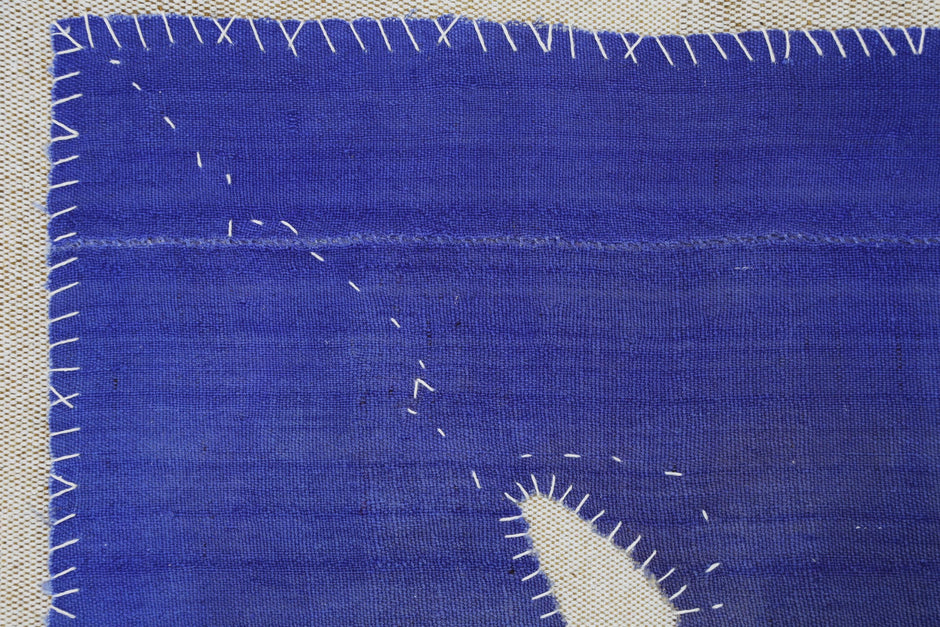 3x4 Vintage Turkish Tapestry Rug, Blue Wool Textile Wall Hanging, Minimal Woven Wall Art