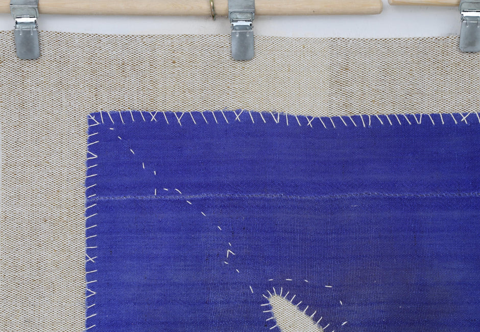 3x4 Vintage Turkish Tapestry Rug, Blue Wool Textile Wall Hanging, Minimal Woven Wall Art