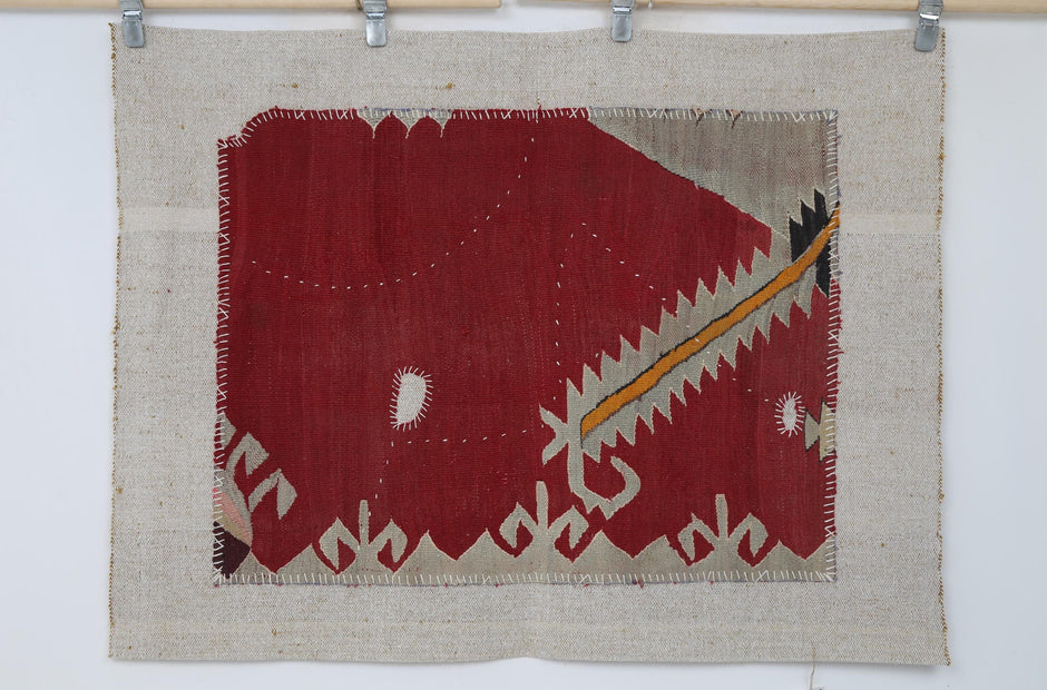 3x5 Vintage Turkish Tapestry Rug, Red Geometric Wool Textile Wall Hanging, Kilim Wall Art