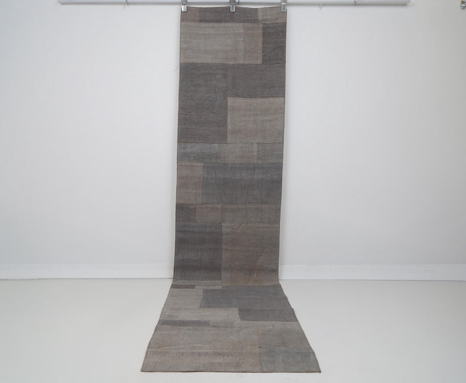 2x10 Vintage Hemp Runner Rug, Gray Turkish Patchwork Runner, Neutral Narrow Hallway Rug