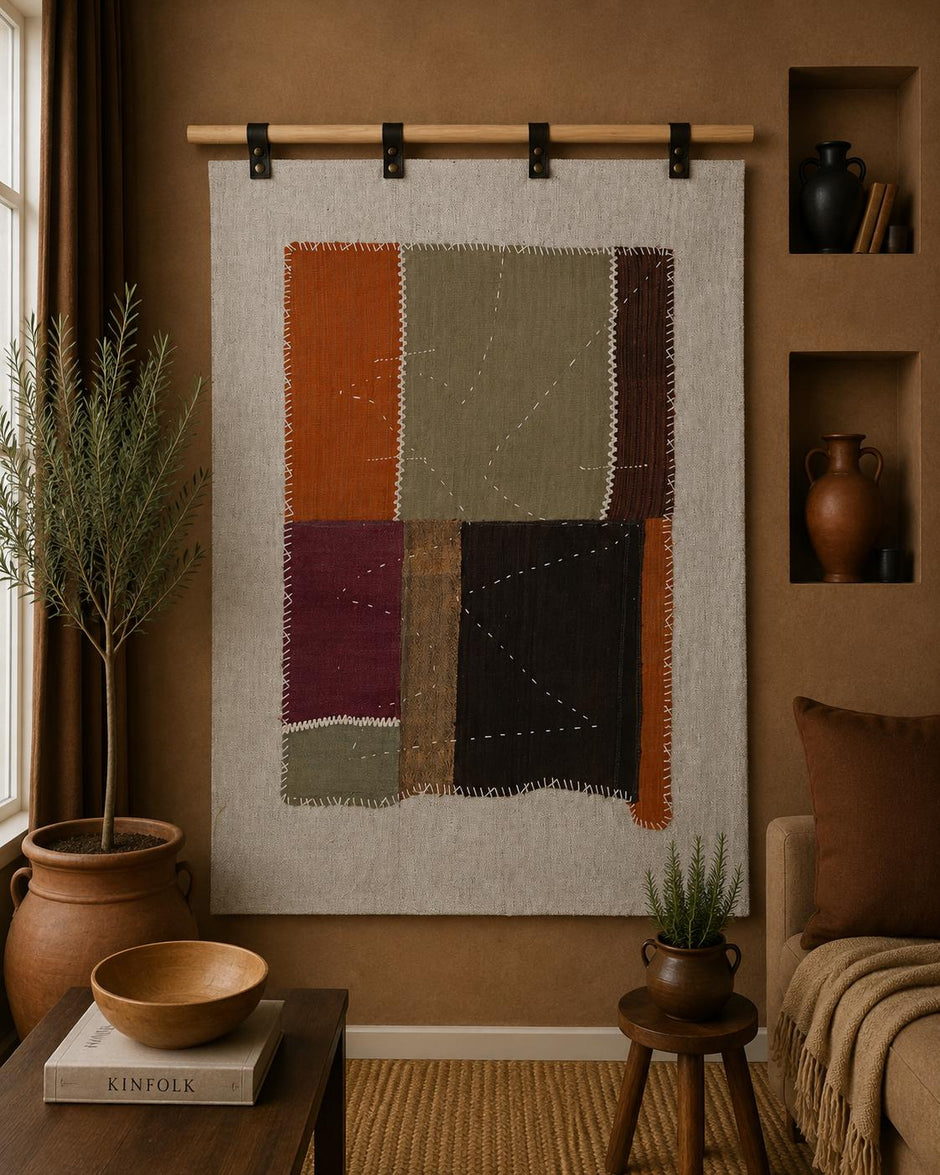 3x4 Vintage Turkish Tapestry Rug, Abstract Patchwork Textile Wall Art, Cotton Wool Woven Wall Hanging