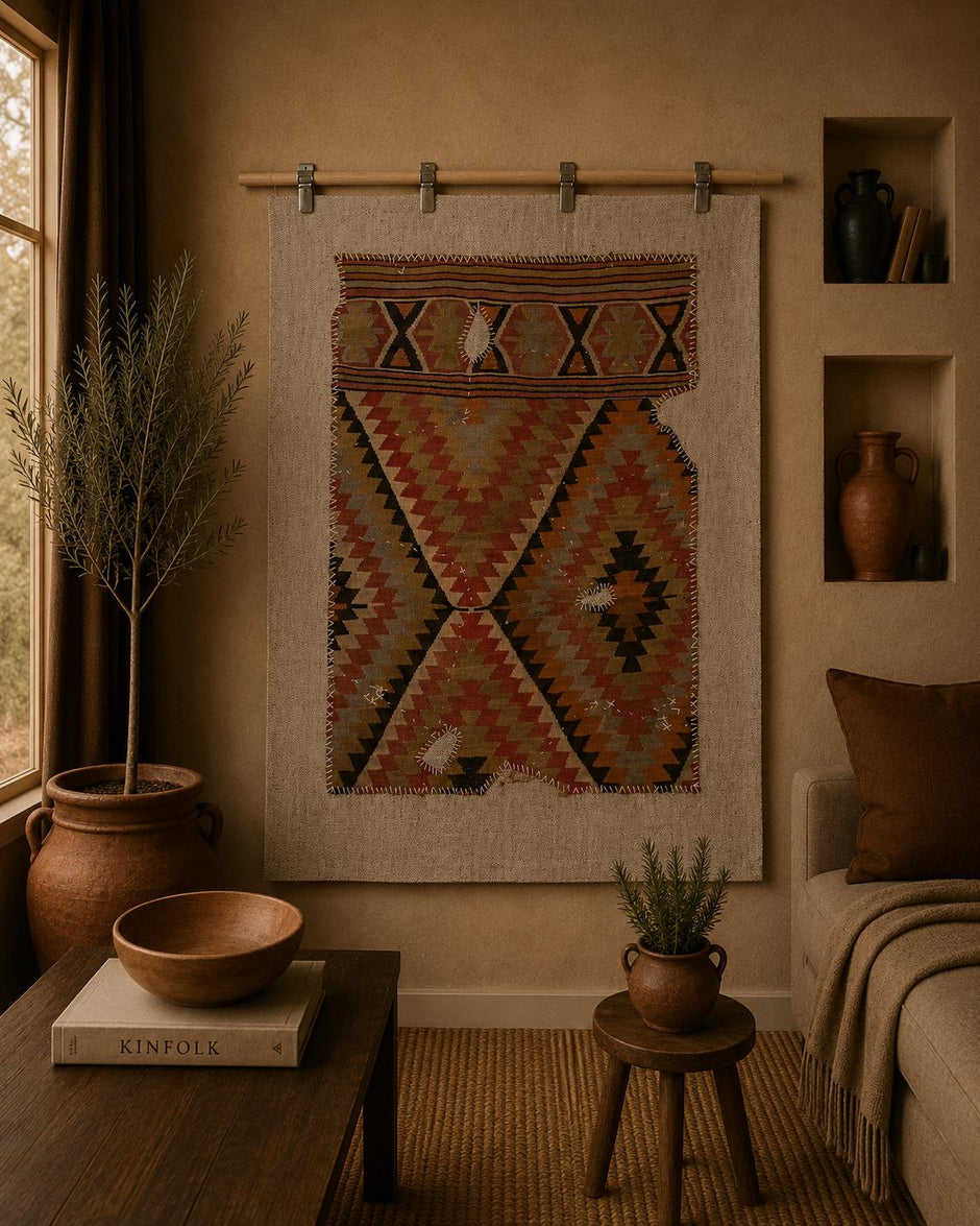 3x4 Vintage Turkish Tapestry Rug, Geometric Wool Kilim Wall Hanging, Woven Textile Wall Art