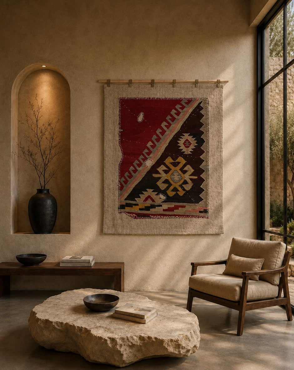 3x4 Vintage Turkish Wool Tapestry Rug, Kilim Textile Wall Hanging, Geometric Fiber Wall Art
