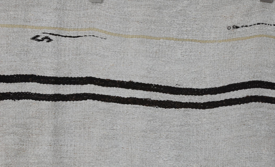 8x10 Vintage Turkish Hemp Rug, White Black Striped Kilim with Red Accents, Large Handwoven Area Rug