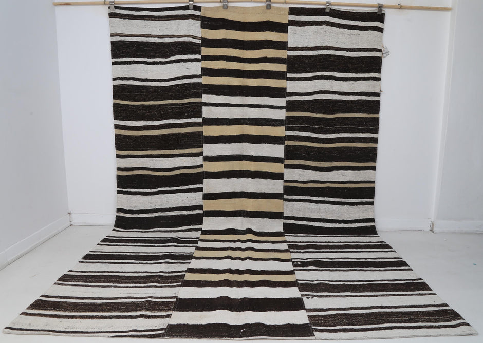 7x10 Vintage Turkish Hemp Rug, White Brown Striped Kilim, Large Handwoven Neutral Area Rug