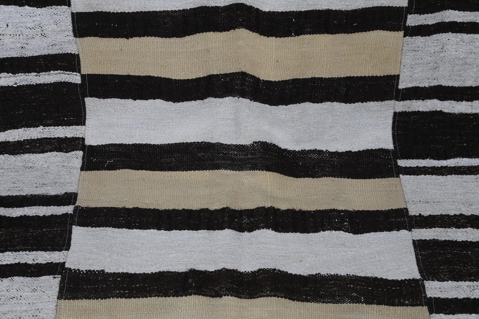 7x10 Vintage Turkish Hemp Rug, White Brown Striped Kilim, Large Handwoven Neutral Area Rug