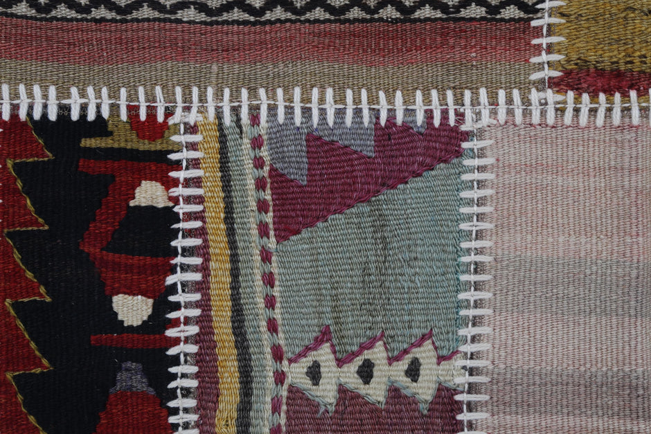 2x3 Vintage Turkish Tapestry Rug, Wool Patchwork Kilim Wall Hanging, Earthy Geometric Textile Wall Art