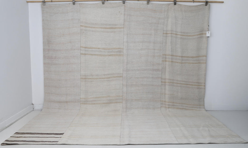 9x10 Vintage Turkish Hemp Rug, White Beige Striped Kilim, Large Handwoven Neutral Area Rug