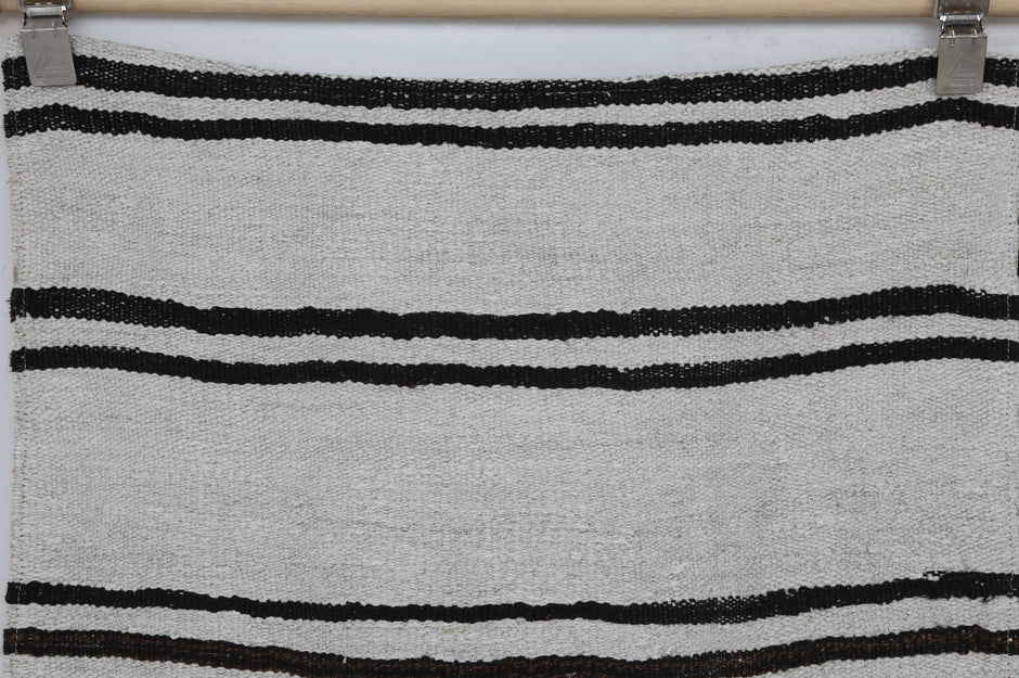 7x9 Vintage Turkish Hemp Rug, White Black Striped Kilim, Large Handwoven Neutral Area Rug