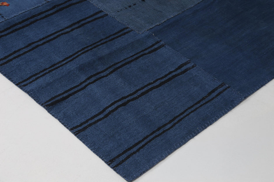 7x10 Vintage Turkish Hemp Patchwork Rug, Blue Hemp Rug, Handwoven Kilim, Rustic Large Area Rug
