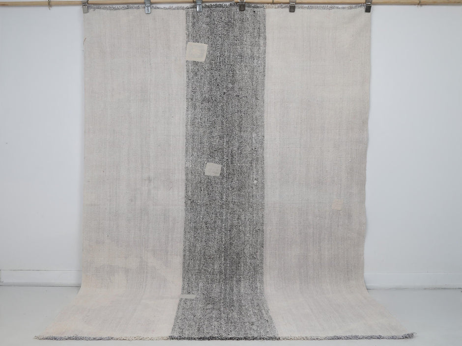 6x8 Vintage Turkish Hemp Rug, White Black Striped Rug, Handwoven Hemp Wool Rug, Minimalist Vintage Area Rug