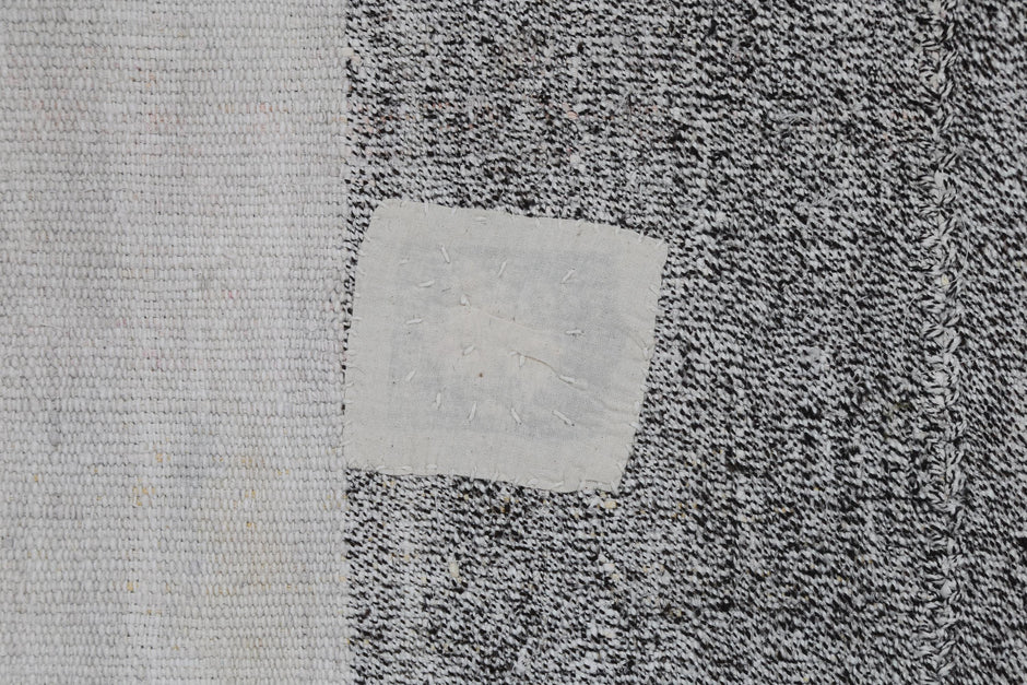 6x8 Vintage Turkish Hemp Rug, White Black Striped Rug, Handwoven Hemp Wool Rug, Minimalist Vintage Area Rug