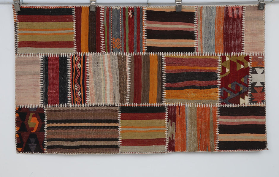 3x5 Vintage Turkish Tapestry Rug, Patchwork Kilim Wall Hanging, Handwoven Wool Textile Wall Art