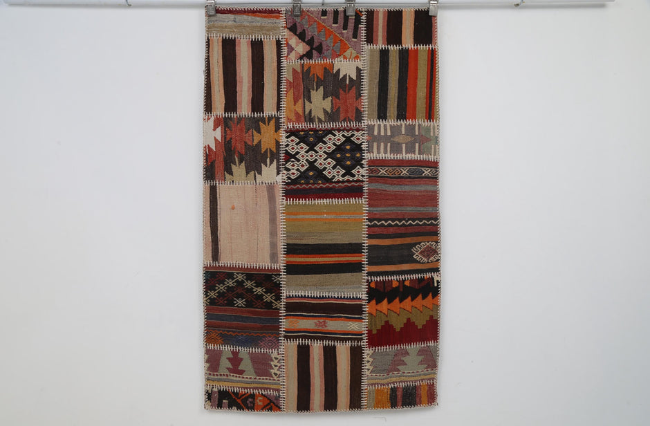 3x5 Vintage Turkish Tapestry Rug, Patchwork Kilim Wall Hanging, Handwoven Wool Textile Wall Art