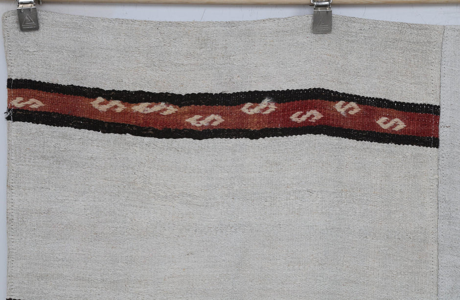 8x10 Vintage Turkish Hemp Rug, White Black Striped Kilim with Red Accents, Large Handwoven Area Rug