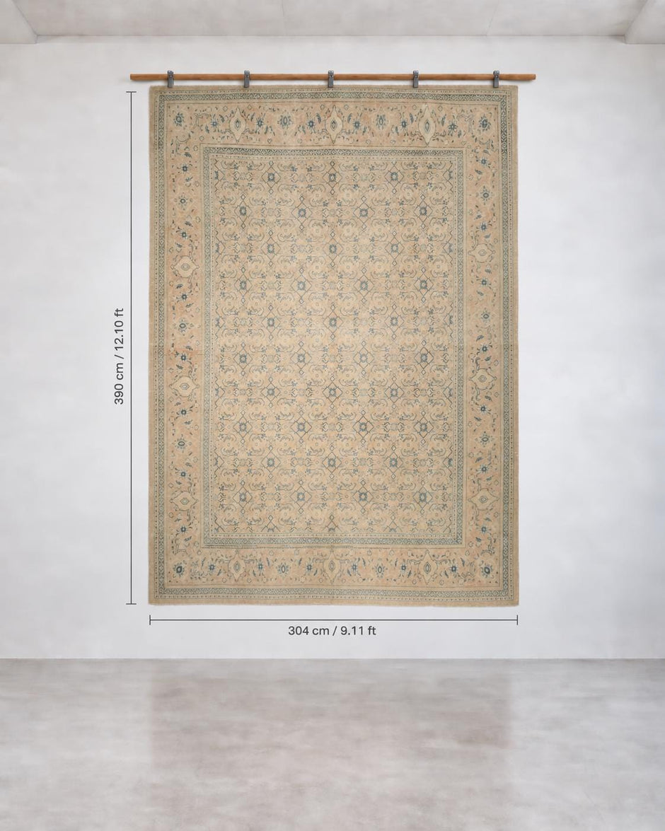10x13 Vintage Turkish Rug, Beige Blue Floral Rug, Handwoven Wool Rug, Large Vintage Area Rug