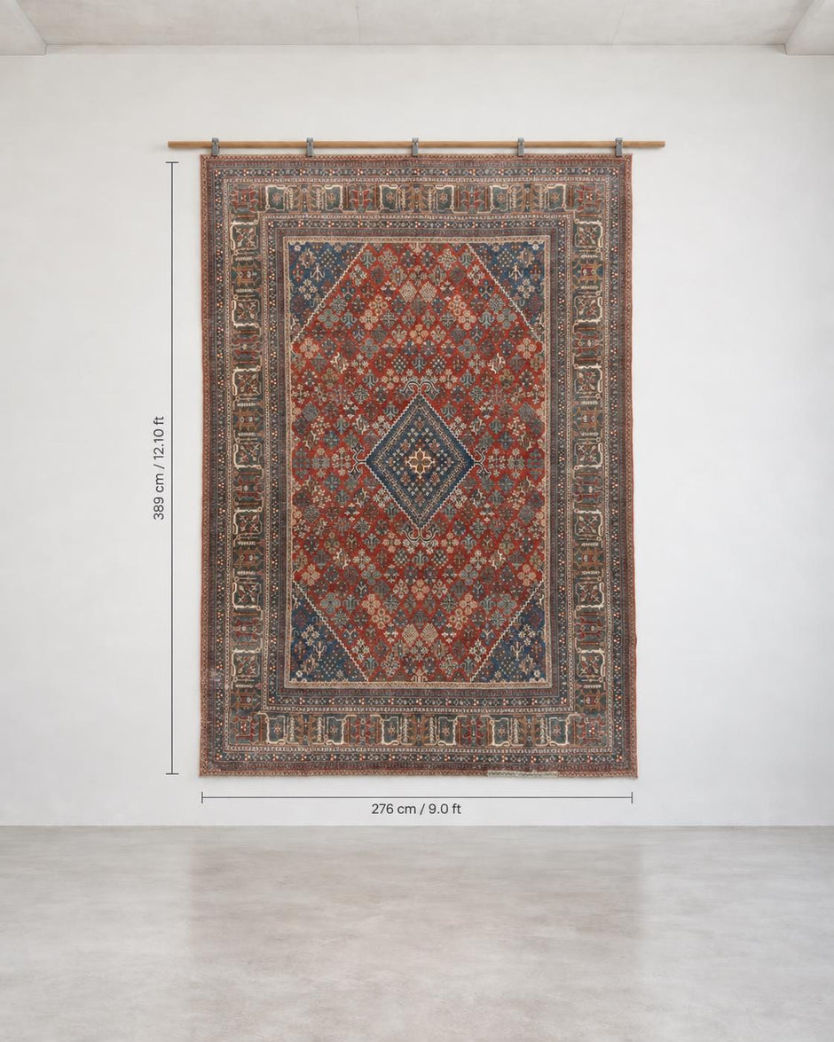 9x13 Vintage Turkish Rug, Brick Red Floral Rug, Deep Indigo Wool Rug, Large Vintage Silverwash Area Rug