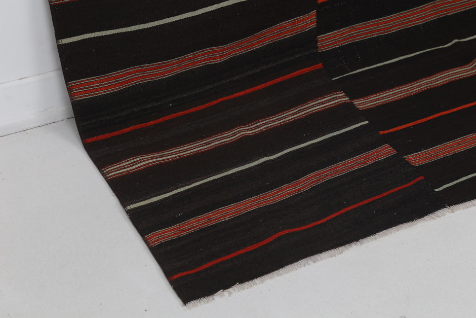 5x7 Vintage Turkish Kilim Rug, Black Red Striped Kilim, Handwoven Wool Cotton Rug, Vintage Flatweave Area Rug