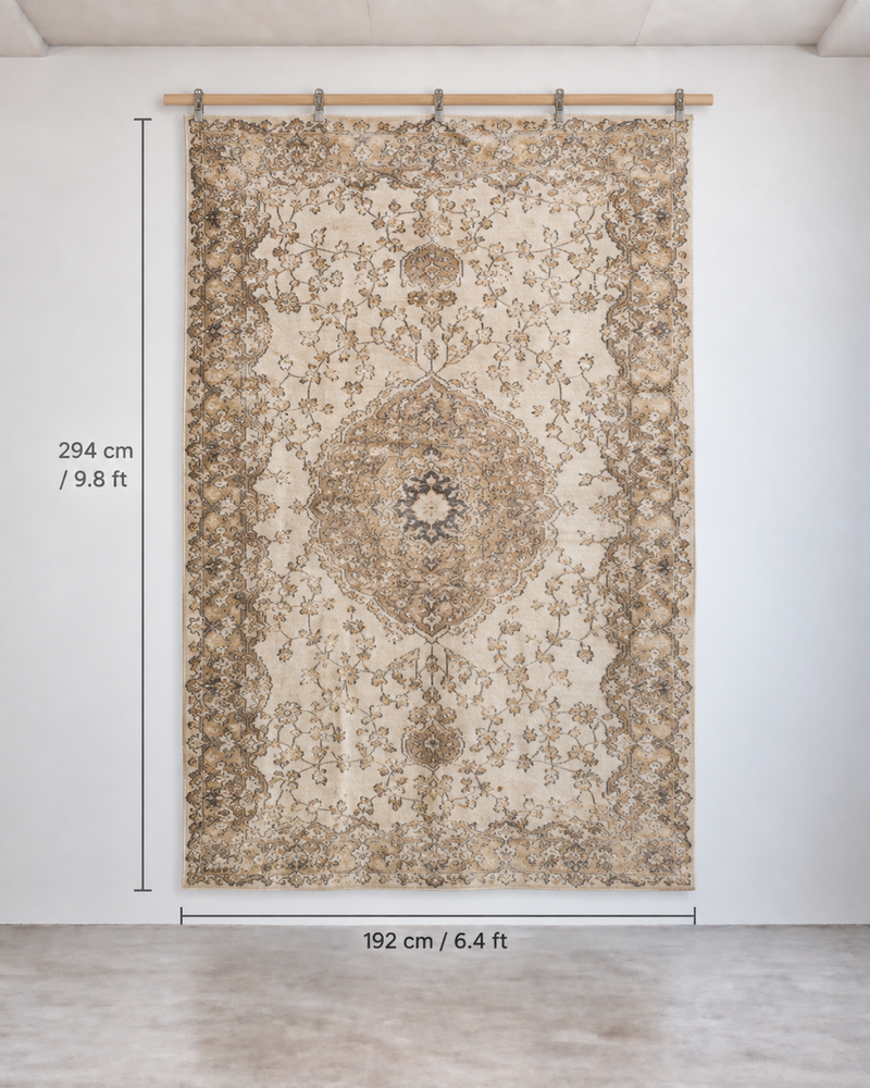 6x10 Vintage Turkish Rug, Beige Brown Floral Wool Cotton Area Rug, Large Neutral Medallion Rug