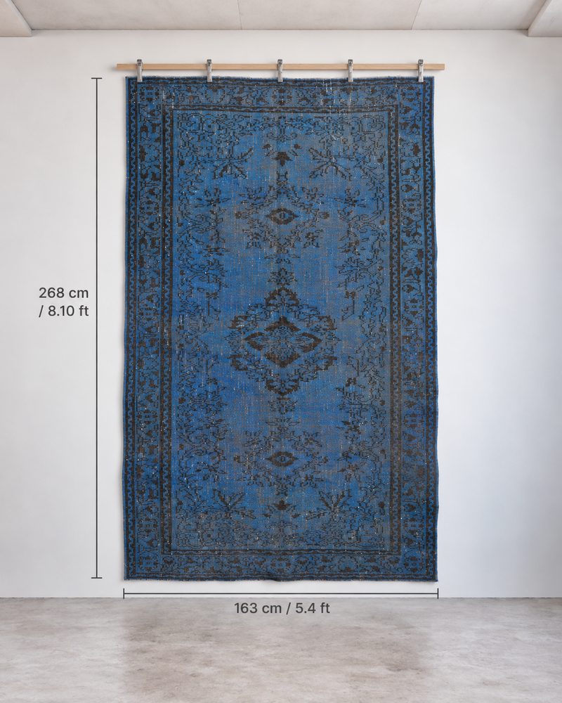 5x8 Vintage Turkish Rug, Blue Black Wool Cotton Area Rug, Distressed Traditional Rug