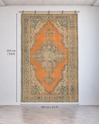 6x10 Vintage Turkish Rug, Orange Beige Floral Wool Cotton Area Rug, Distressed Medallion Rug
