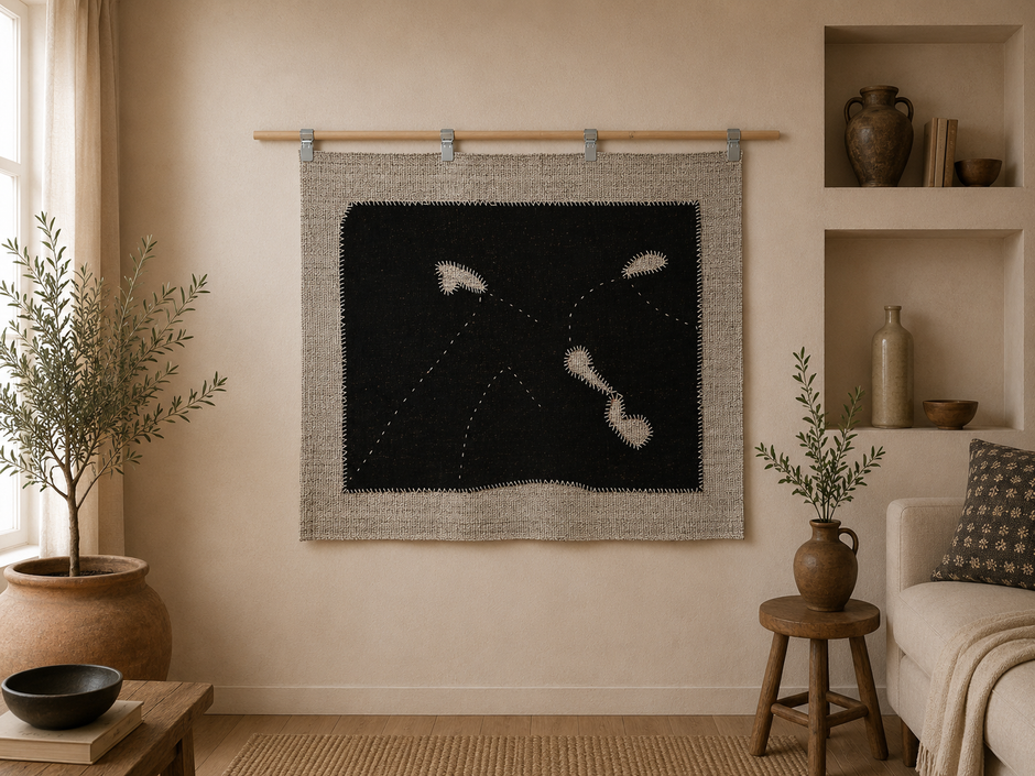 3x4 Vintage Turkish Tapestry Rug, Black Minimalist Wall Hanging, Handmade Flatweave Textile Art