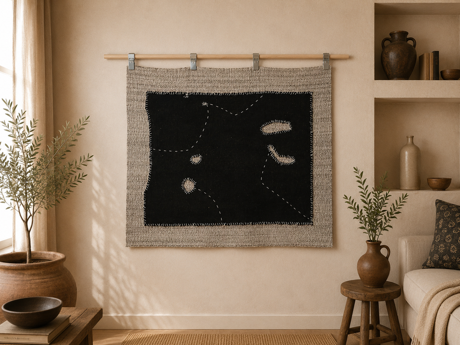 3x4 Vintage Turkish Tapestry Rug, Black Abstract Wall Hanging, Handmade Flatweave Textile Decor