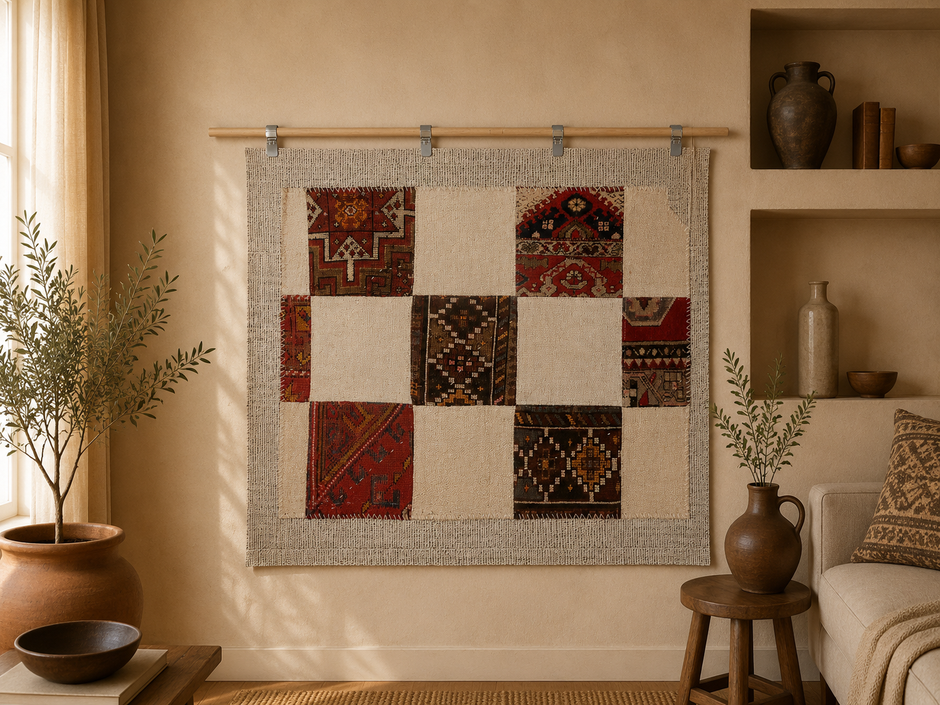 3x4 Vintage Turkish Patchwork Tapestry Rug, Handmade Textile Wall Hanging, Boho Flatweave Decor