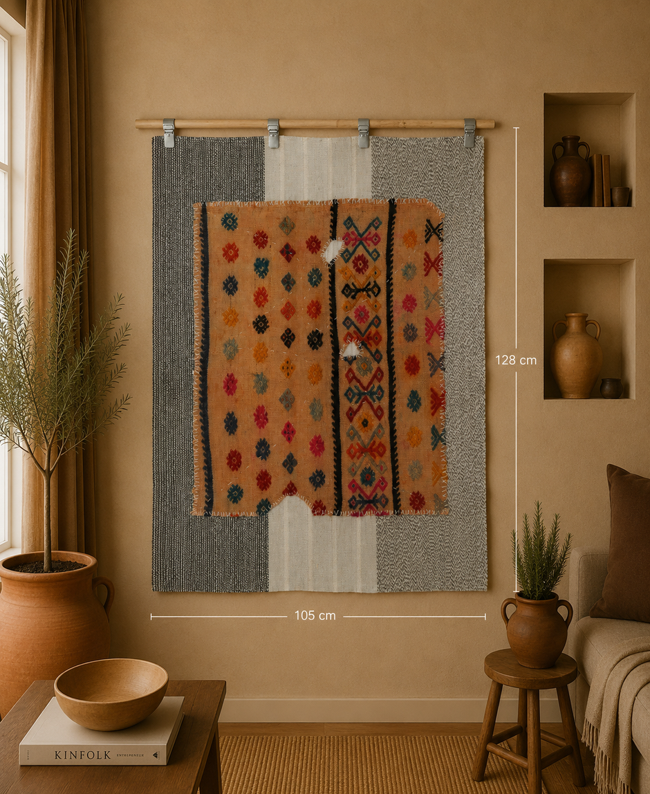 3x4 Handmade Wool Tapestry Rug, Tribal Textile Wall Hanging, Geometric Fiber Art Decor