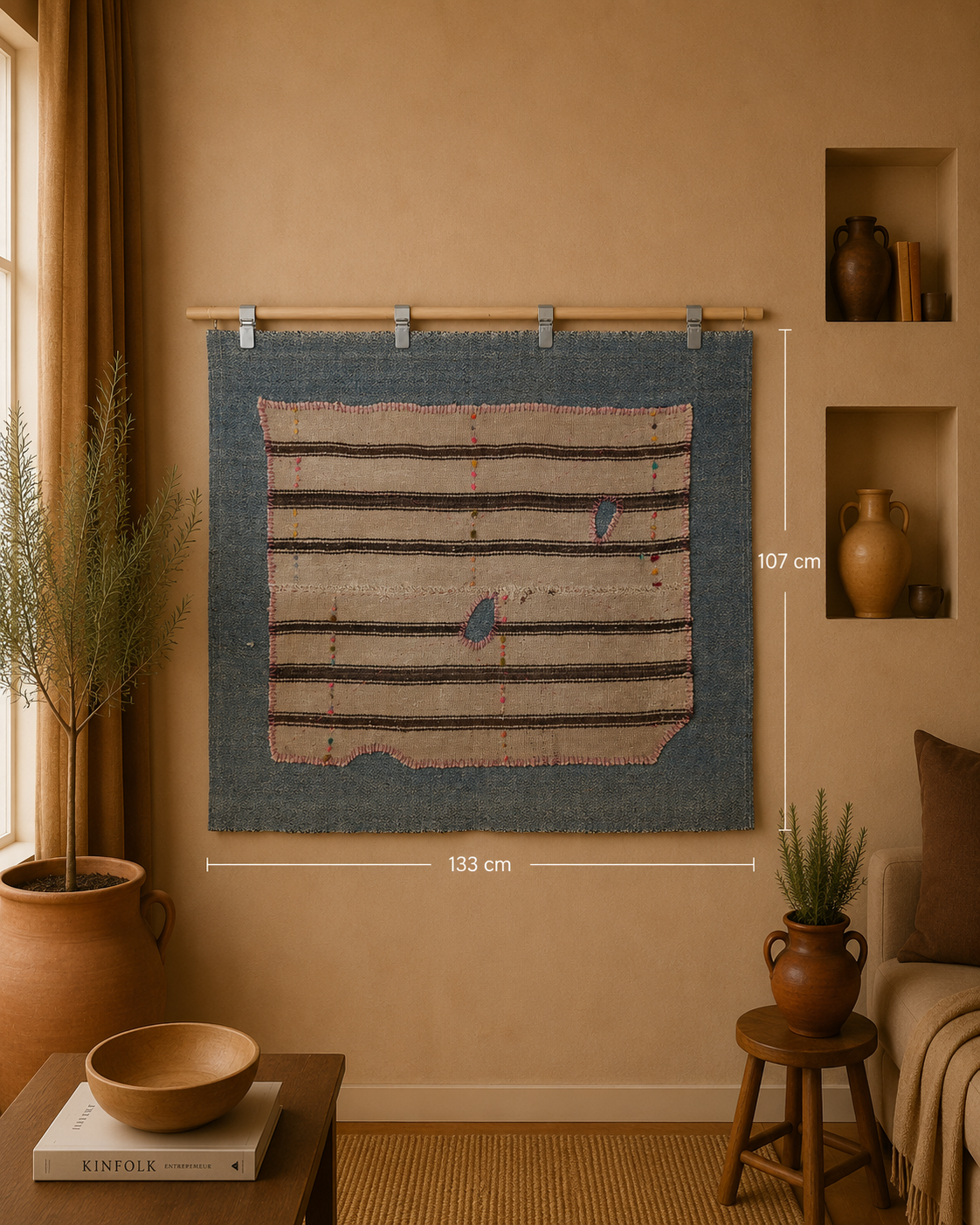 3x4 Handmade Wool Tapestry Rug, Striped Textile Wall Hanging, Rustic Fiber Art Decor