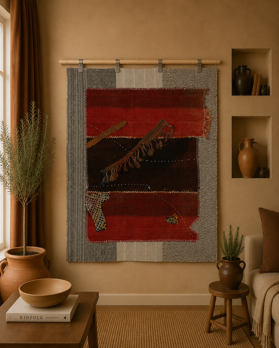 3x4 Handmade Wool Tapestry Rug, Rustic Textile Wall Hanging, Boho Fiber Art Decor