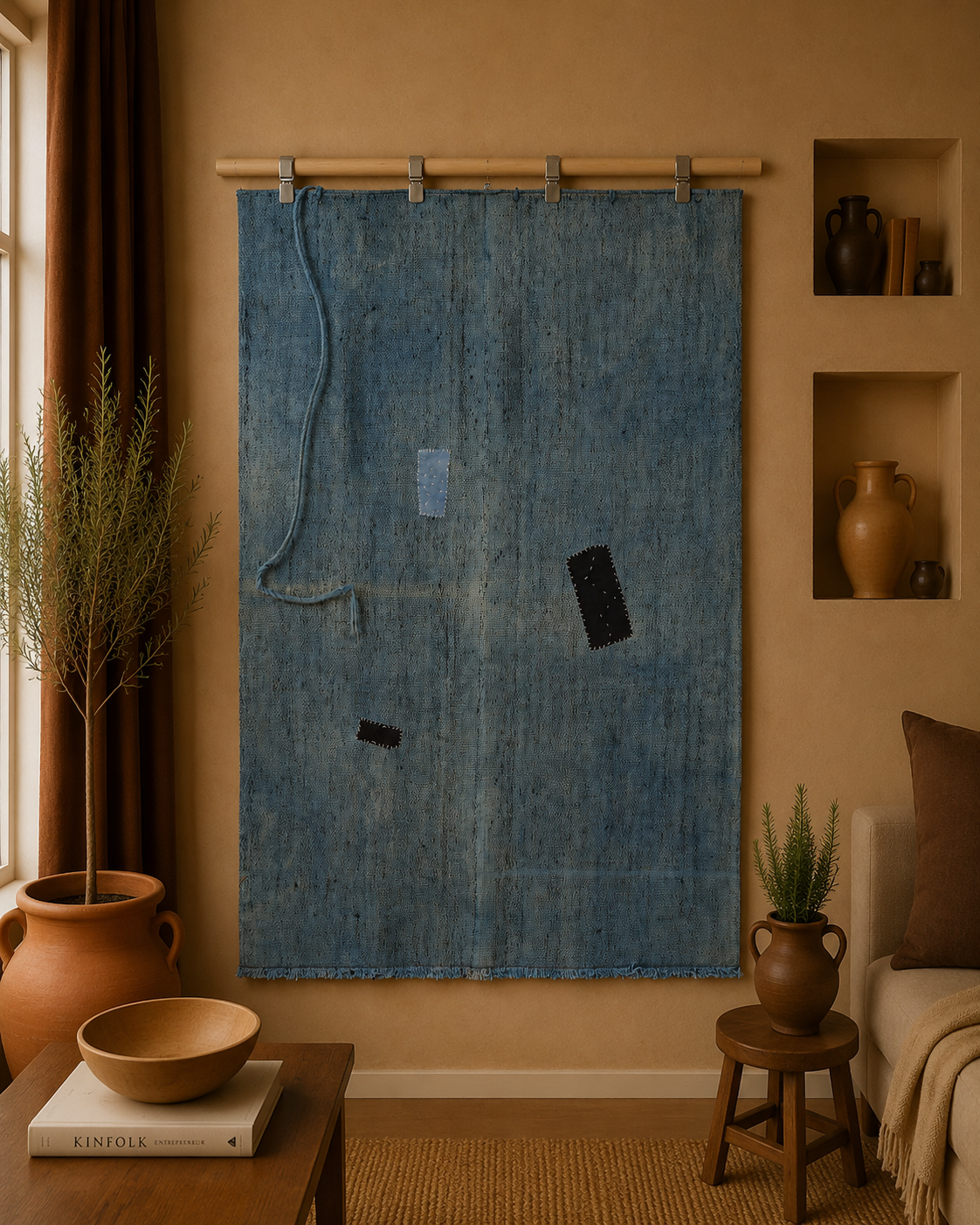 3x4 Handmade Hemp Tapestry Rug, Blue Minimalist Textile Wall Hanging, Fiber Art Decor