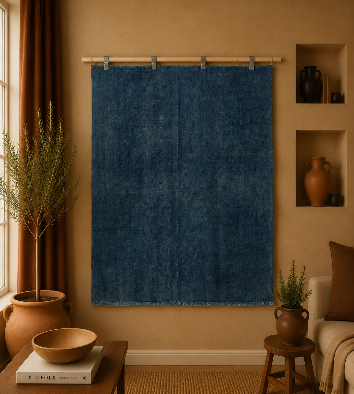 3x4 Handmade Hemp Tapestry Rug, Blue Minimalist Wall Hanging, Natural Fiber Art Decor