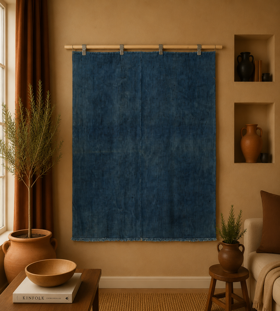 3x4 Handmade Hemp Tapestry Rug, Blue Minimalist Wall Hanging, Natural Fiber Art Decor