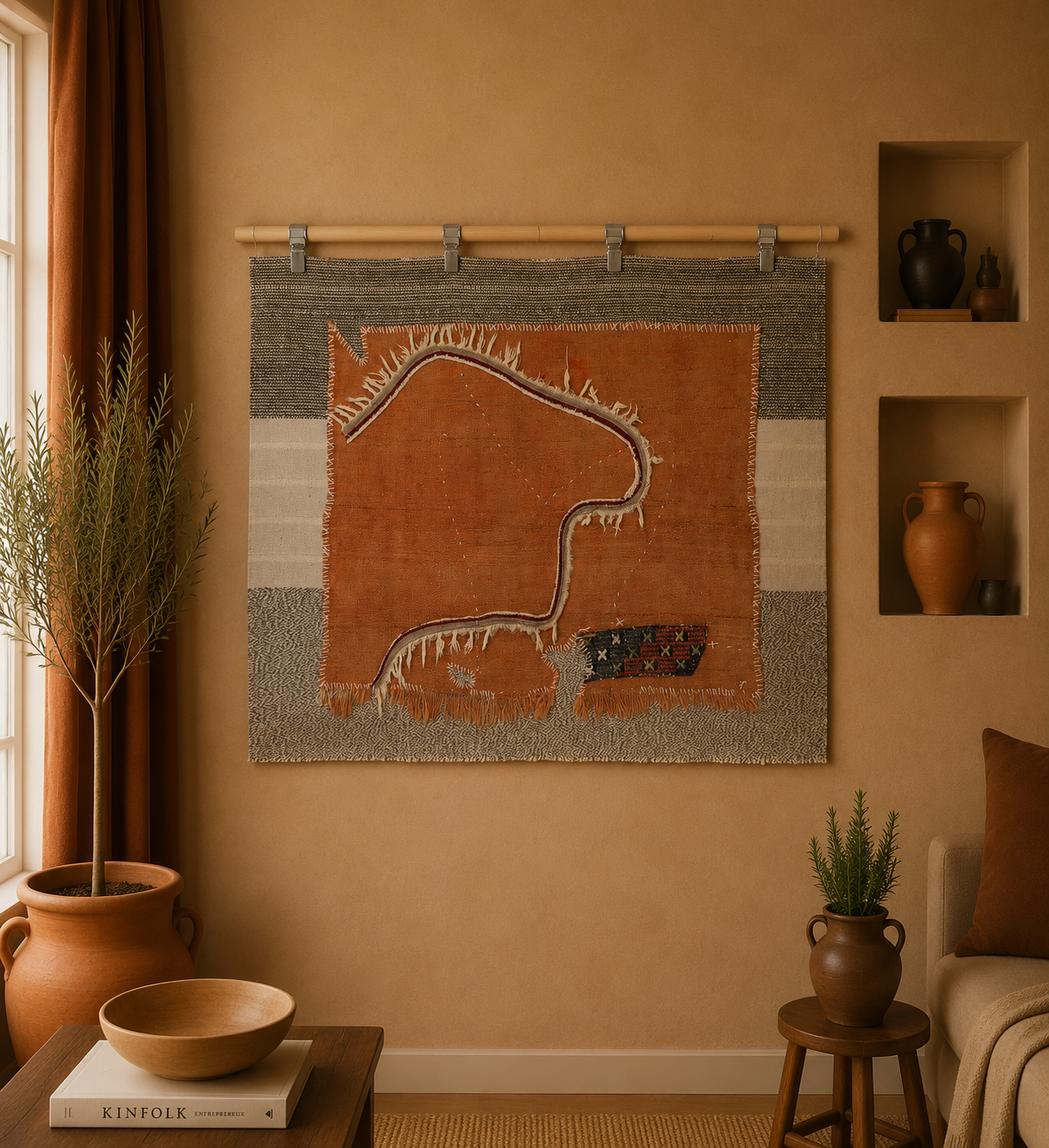 3x4 Handmade Wool Tapestry Rug, Orange Abstract Textile Wall Hanging, Boho Fiber Art Decor