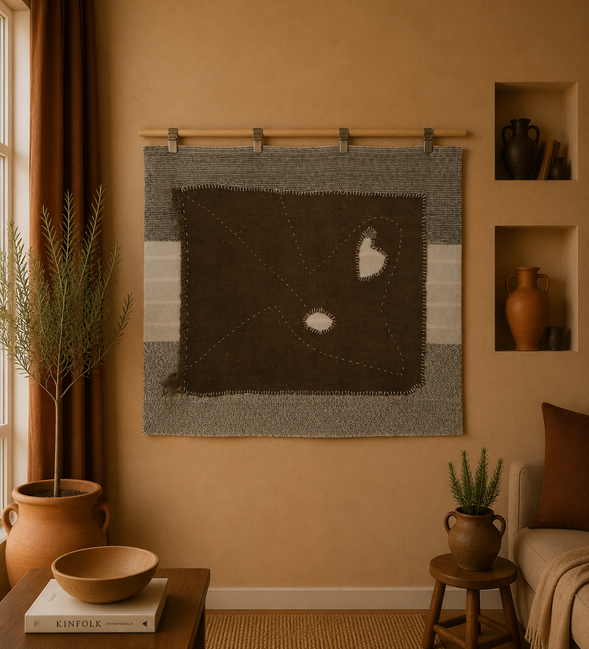 3x4 Handmade Wool Tapestry Rug, Brown Minimalist Textile Wall Hanging, Fiber Art Decor