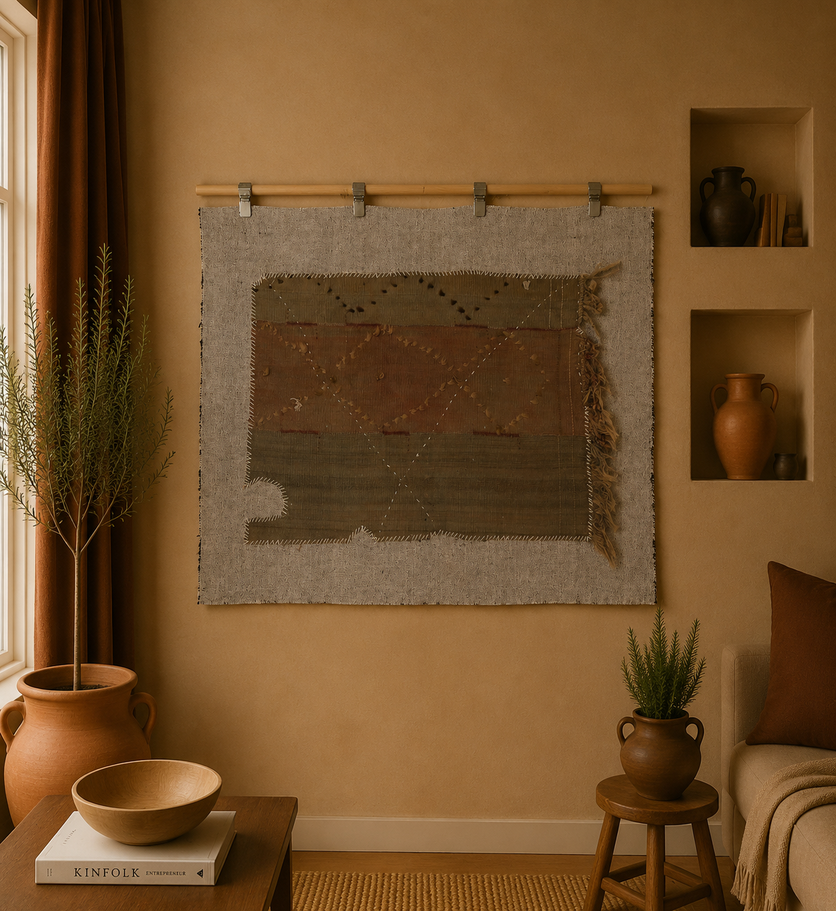 3x4 Handmade Wool Tapestry Rug, Earth Tone Textile Wall Hanging, Rustic Fiber Art Decor