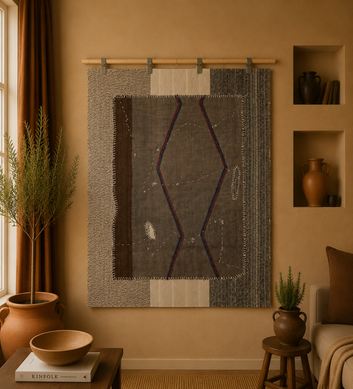 3x4 Handmade Wool Hemp Tapestry Rug, Neutral Geometric Textile Wall Hanging, Rustic Fiber Art Decor