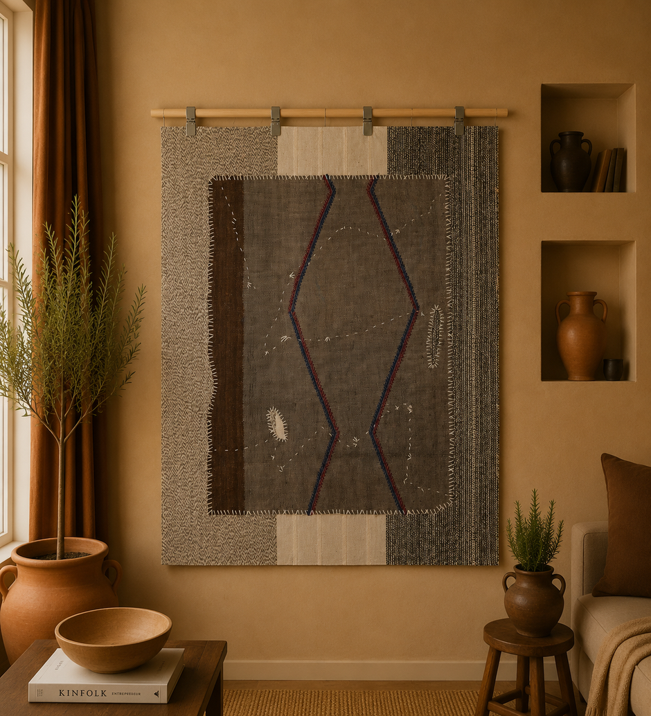 3x4 Handmade Wool Hemp Tapestry Rug, Neutral Geometric Textile Wall Hanging, Rustic Fiber Art Decor