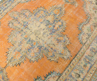 6x10 Vintage Turkish Rug, Orange Beige Floral Wool Cotton Area Rug, Distressed Medallion Rug