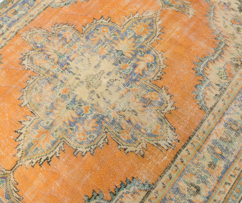 6x10 Vintage Turkish Rug, Orange Beige Floral Wool Cotton Area Rug, Distressed Medallion Rug