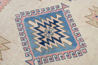 7x11 Vintage Turkish Kars Rug, Pink Blue Cream Wool Area Rug, Geometric Medallion Design
